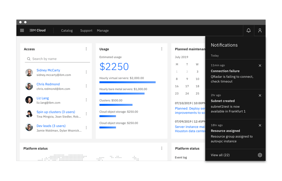 Notification panel in a product